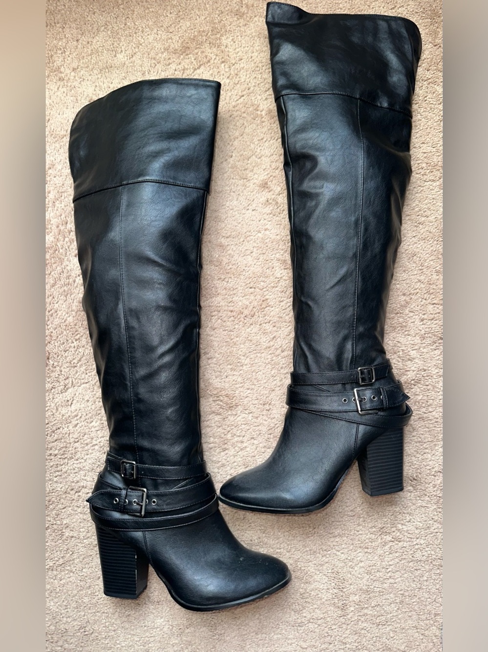 Charlotte Russe Black Over-the-Knee Block Heel Boots with Buckle Straps